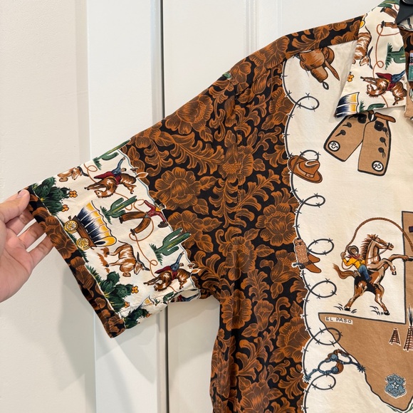 Vintage Reyn Spooner Texas Cowboy Map Hawaiian Button Down Brown Shirt sz L - Picture 5 of 9